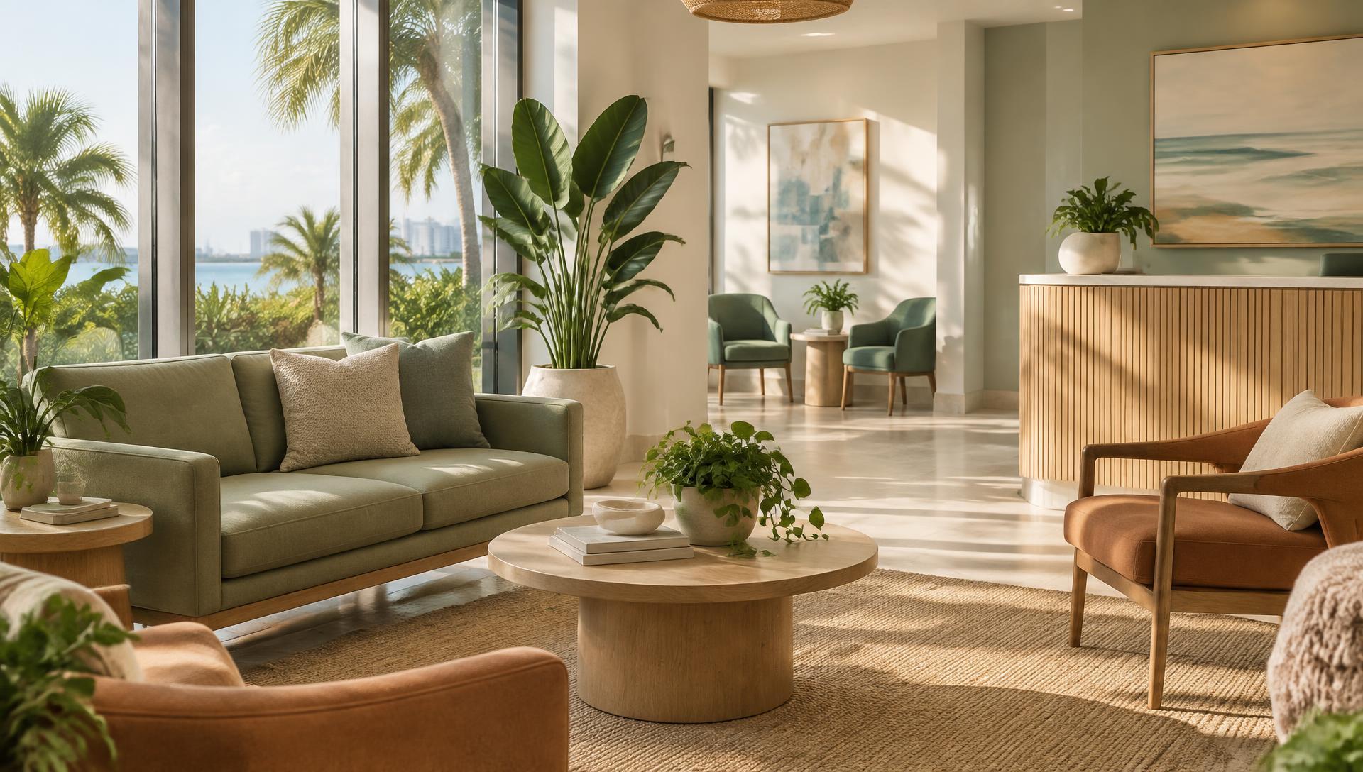Sunlit waiting area of a modern Florida outpatient mental health clinic